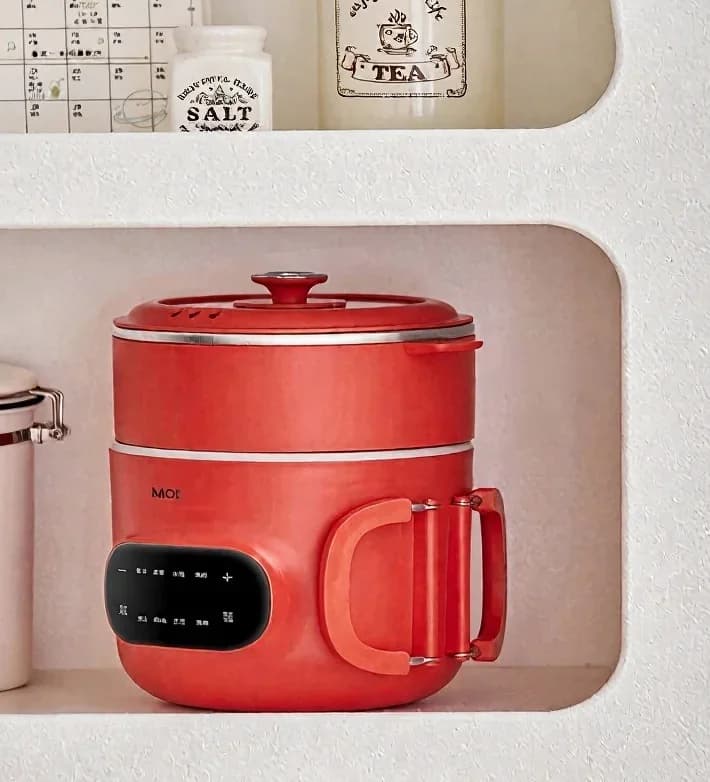 Mini faitout électrique 2L avec revêtement céramique antiadhésif et panier vapeur