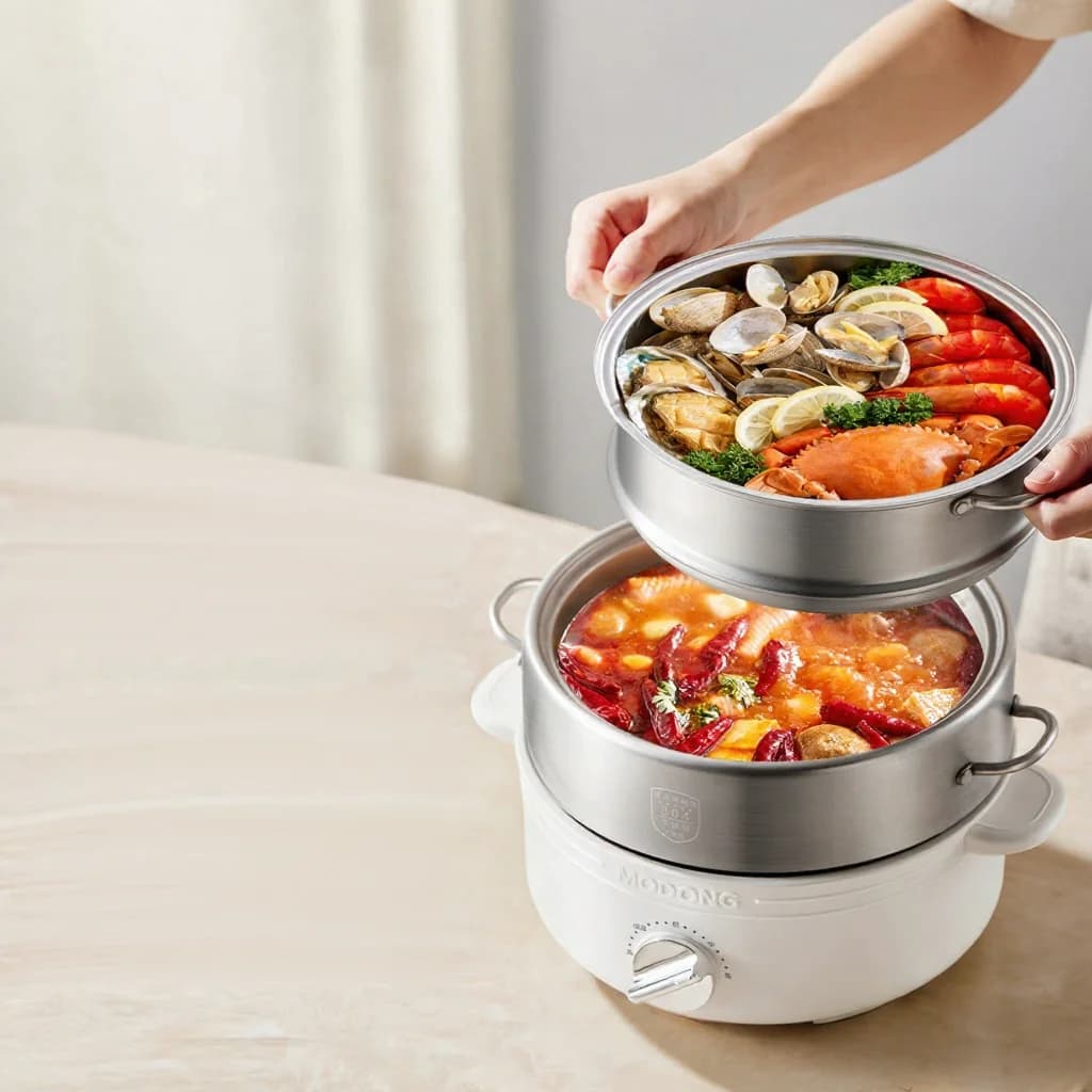 Cuiseur électrique à fondue séparée en acier inoxydable 2L, 3 niveaux de chaleur
