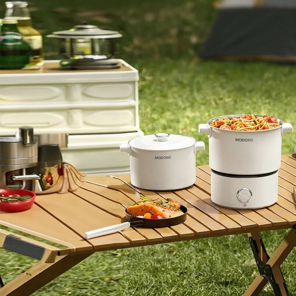 Marmite électrique portable avec poêle et grille vapeur
