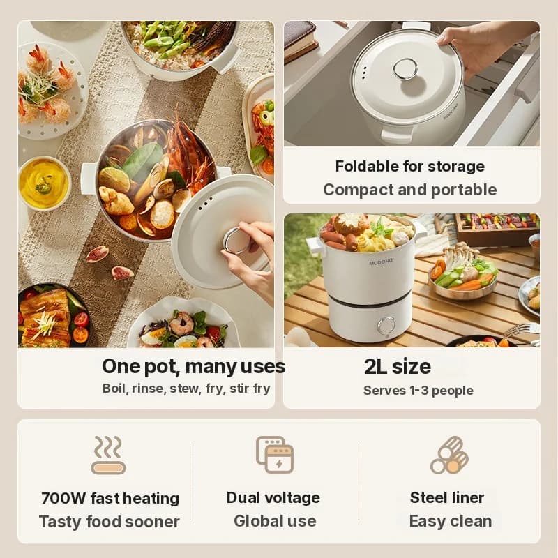Marmite électrique portable avec poêle et grille vapeur