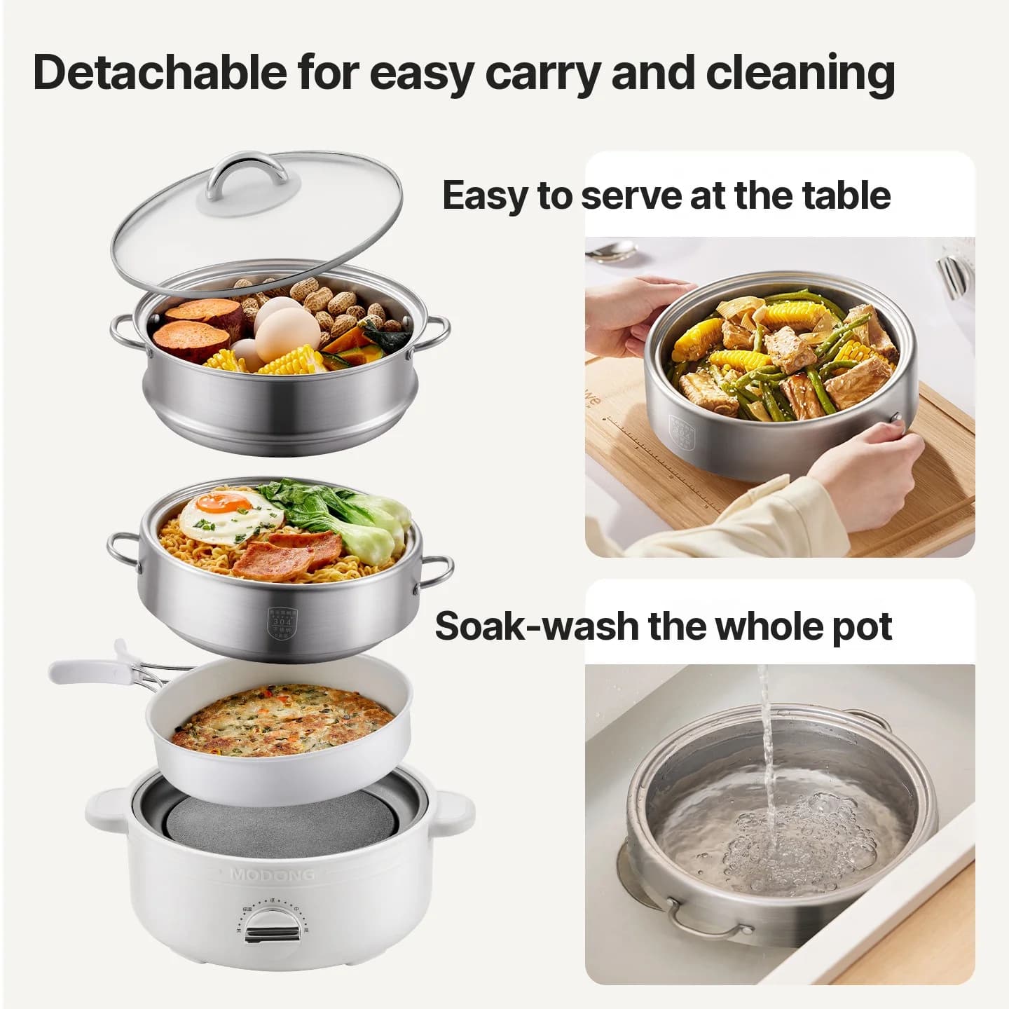 Cuiseur électrique à fondue séparée en acier inoxydable 2L, 3 niveaux de chaleur