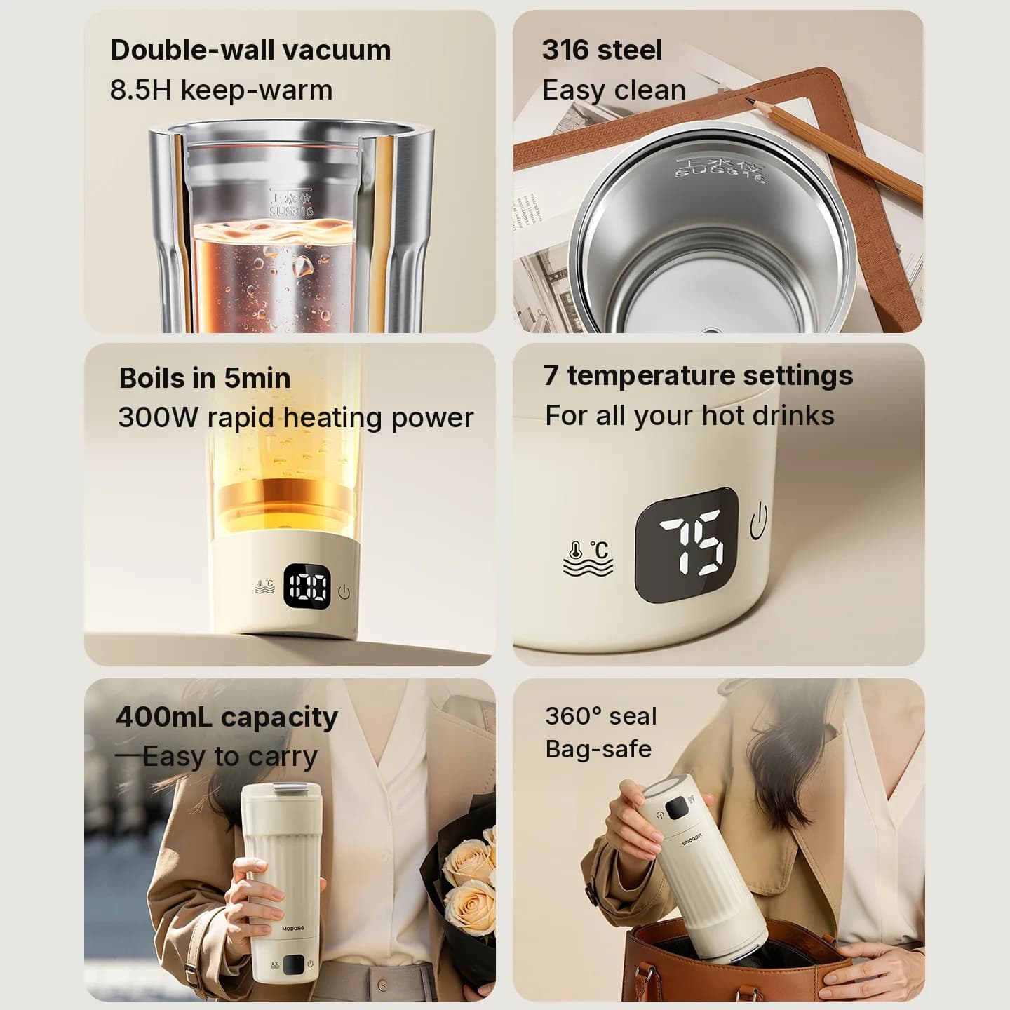 Tasse chauffante électrique portable avec 7 réglages de température