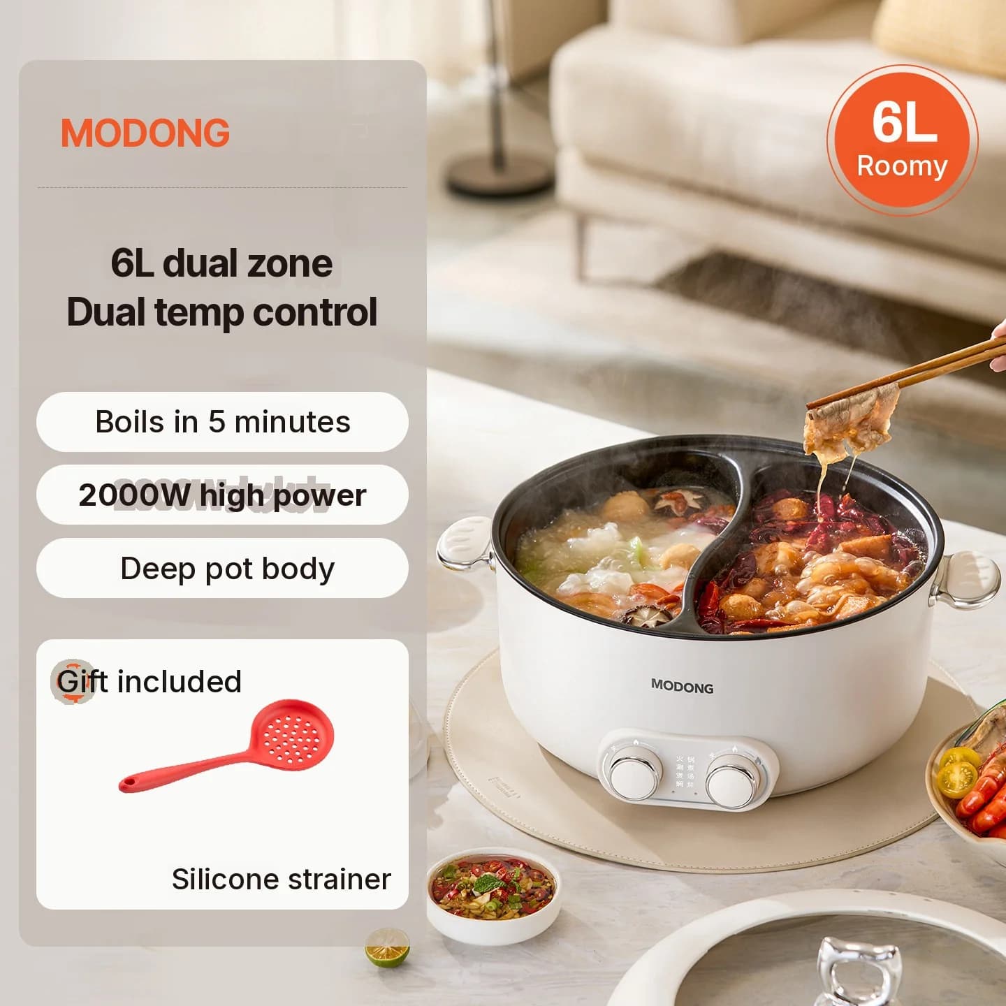 Hot pot électrique 6L à double zone avec contrôle indépendant de la température