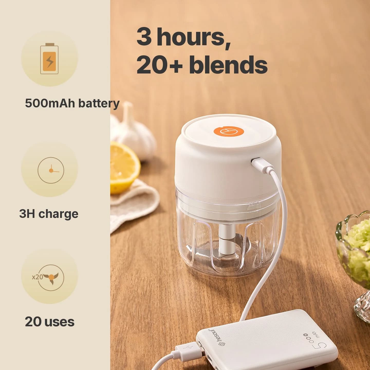 Tasse hachoir à ail électrique sans fil 250mL 5V 30W plastique
