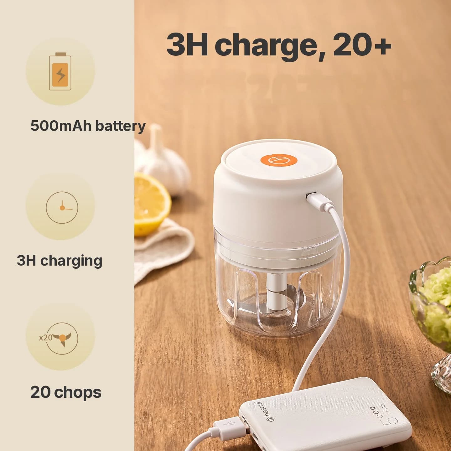 Hachoir à ail électrique sans fil 250 mL 5 V 30 W en plastique