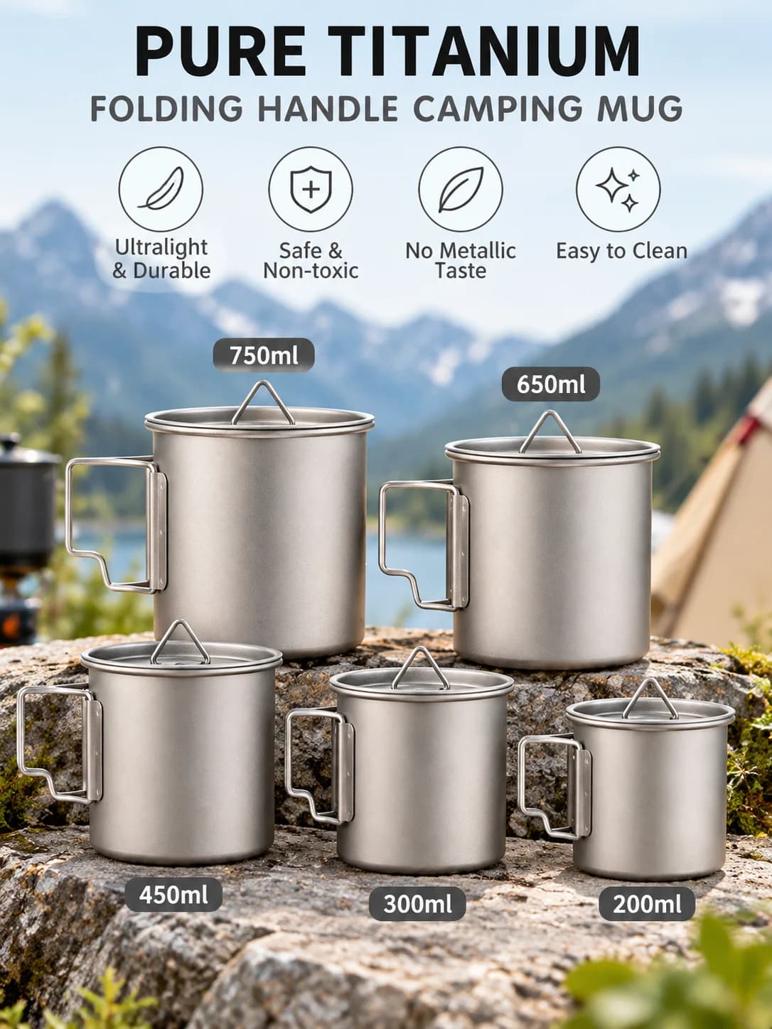 Mug de camping pliable en titane pur