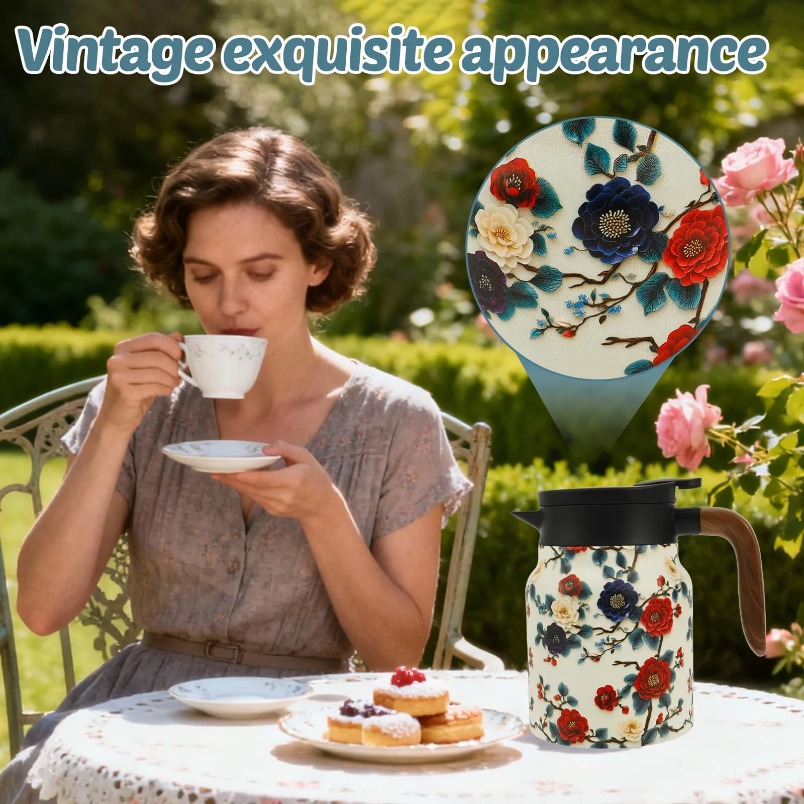 Service thermos à thé floral vintage