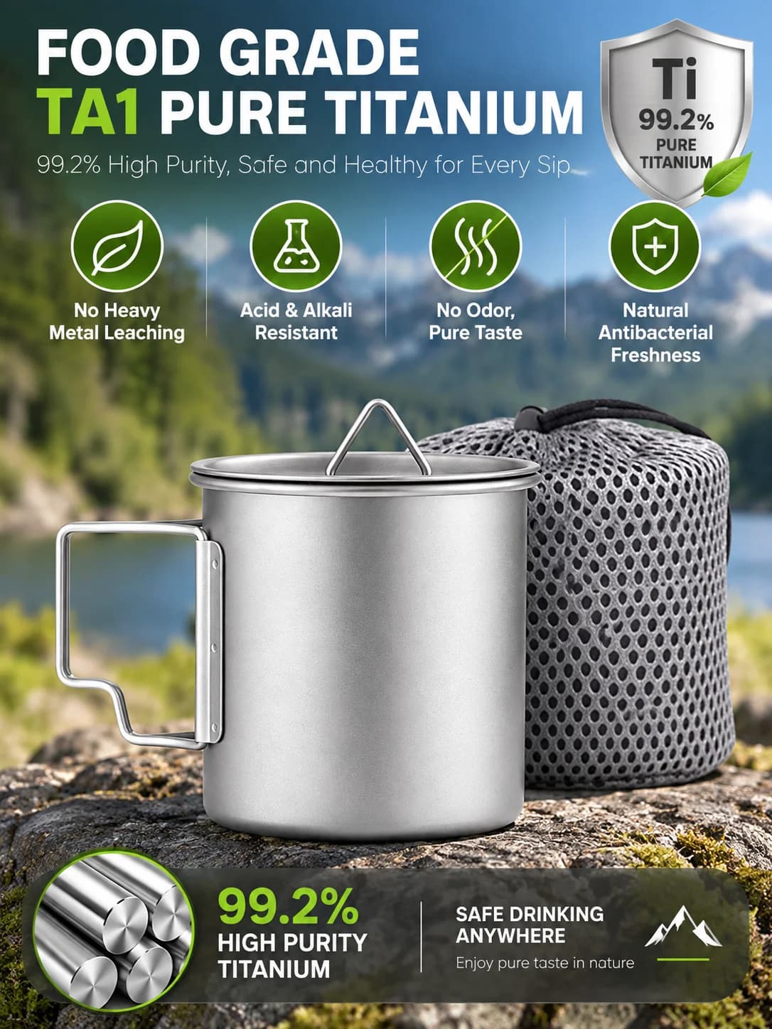 Mug de camping pliable en titane pur