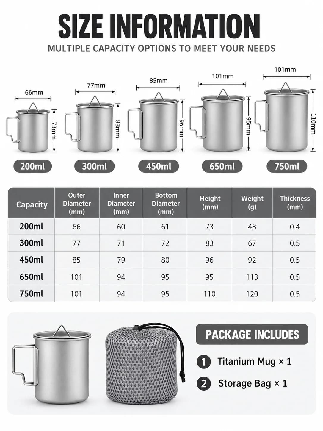 Mug de camping pliable en titane pur